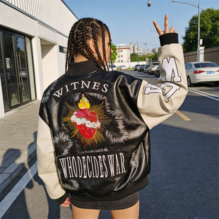 Who Decides War刺绣夹克外套太阳棕榈树教堂窗户Hip-Hoppu皮衣潮