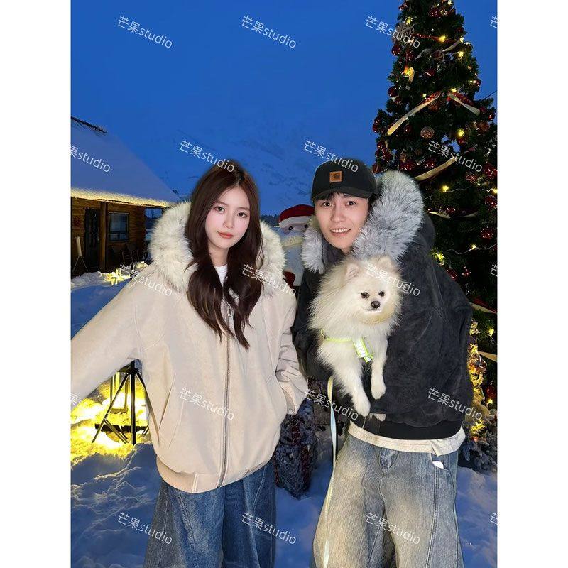 UEVRGM冬季新款大理石座山雕连帽绒毛刺绣外套开衫上衣棉服夹克