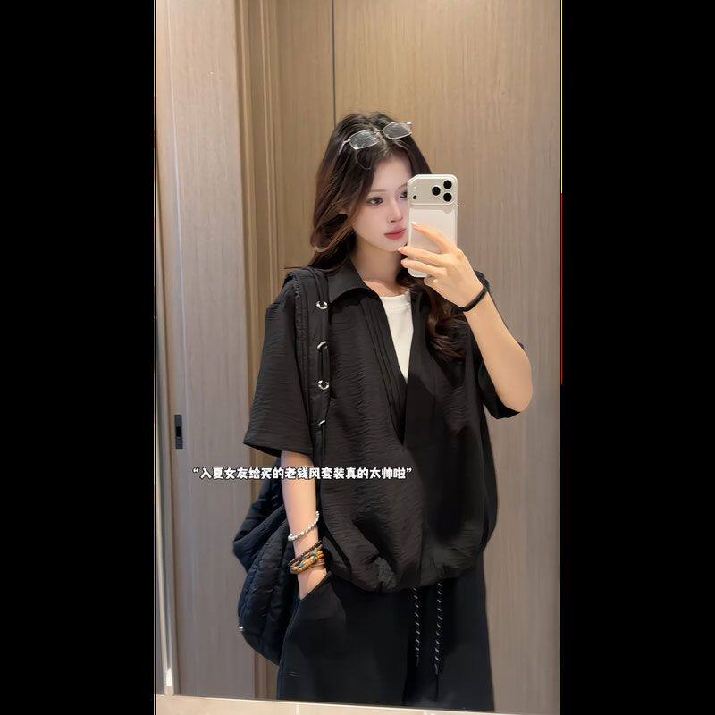 PLQV夏季新款美式休闲运动仿麻套装薄款百搭小众宽松设计感情侣装