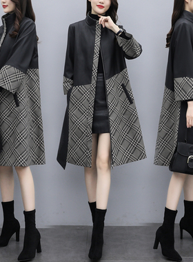 黑色拼接pu皮大衣女2023新款女装秋冬宽松大码中长款a字皮衣外套