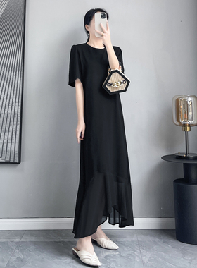 2023新款夏季法式黑色复古长款圆领长裙高级感赫本风雪纺连衣裙女
