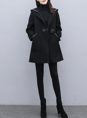 双面羊绒大衣女2023秋冬季新款宽松显瘦大码女装连帽黑色毛呢外套