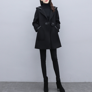 双面羊绒大衣女2023秋冬季新款宽松显瘦大码女装连帽黑色毛呢外套
