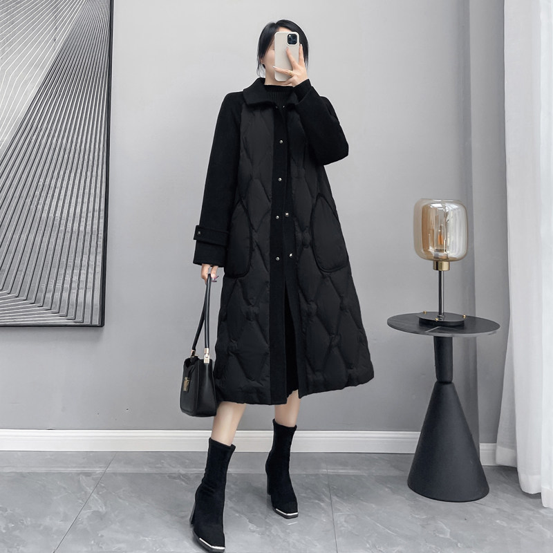 黑色显瘦双面羊绒拼接外套2023年新款女装冬季中长款时尚羽绒服女