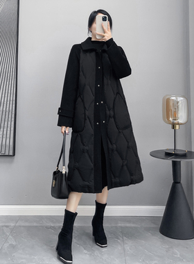 黑色显瘦双面羊绒拼接外套2023年新款女装冬季中长款时尚羽绒服女