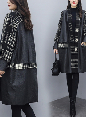 2023秋冬新款女装外套宽松大码时尚格子拼接黑色大衣中长款PU皮衣