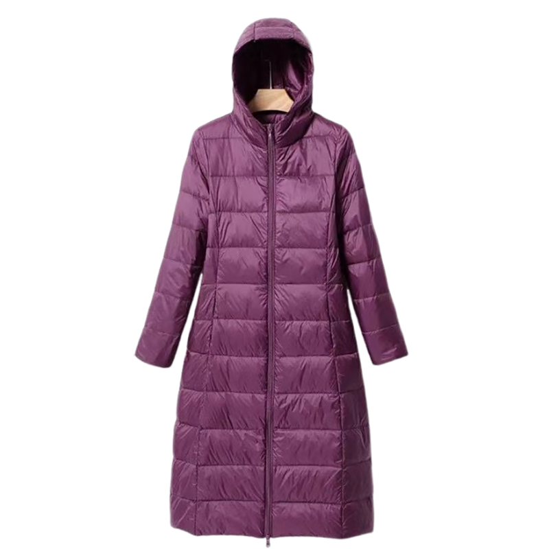 日本优衣2024秋冬新款轻薄羽绒服女中长过膝连帽加长修身薄款外套