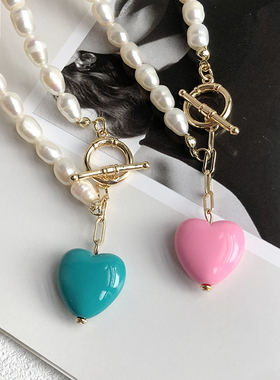粉色桃心淡水珍珠项链前扣式爱心泫雅风可爱小众手作天然珍珠项链