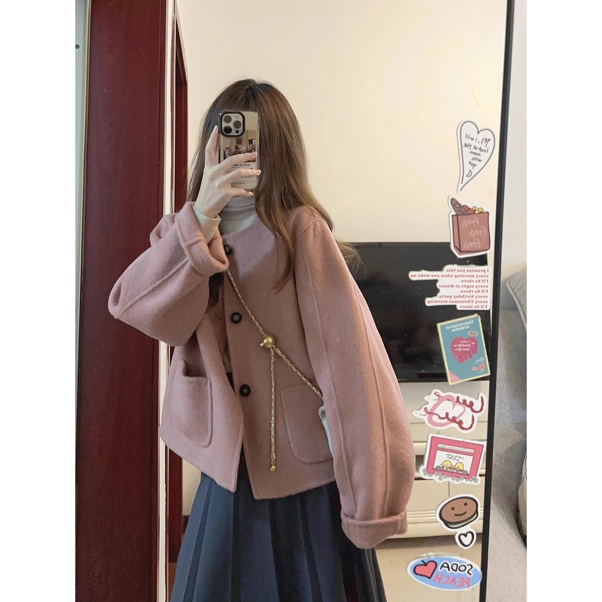韩系大衣女小个子秋冬季新款洋气小香风粉色复古短款西装毛呢外套