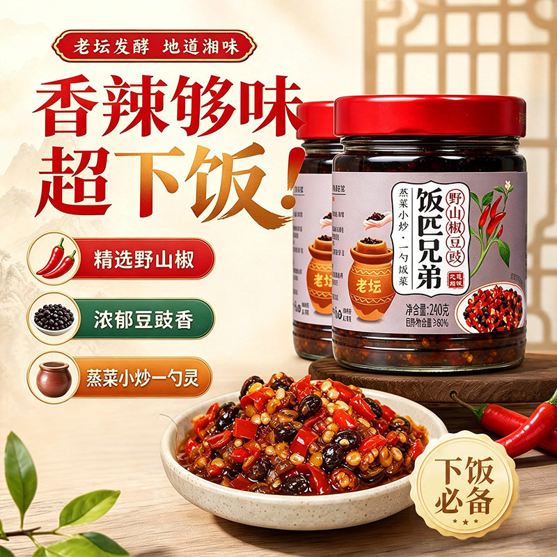 饭匹兄弟野山椒豆豉酱香辣下饭菜拌面蒸菜小炒调味新鲜剁椒辣椒酱