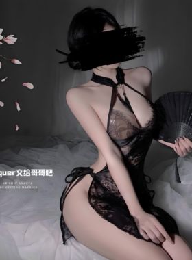 性感透视蕾丝挂脖露背旗袍女绑带