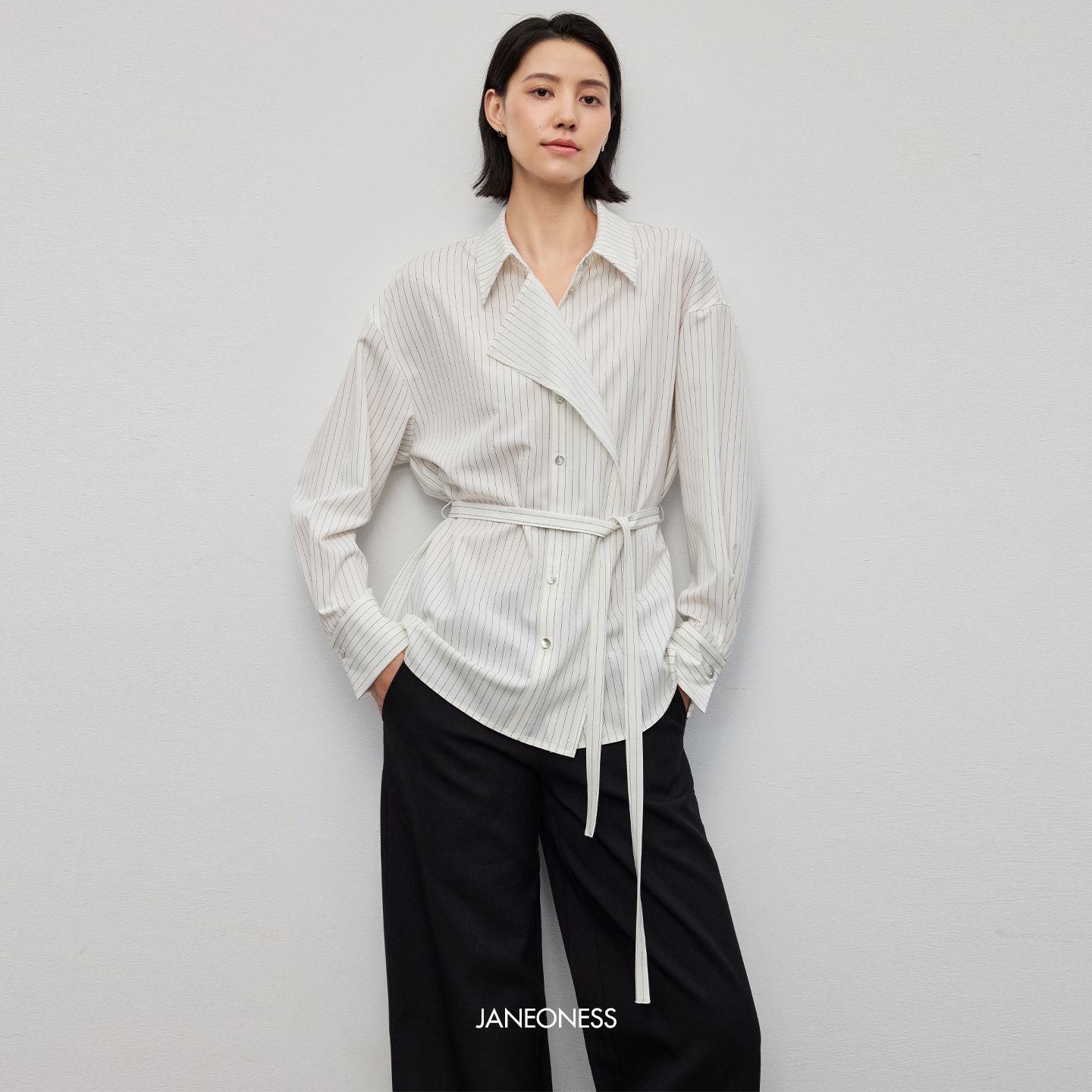 JANEONESS 松弛简约宽松收腰系带竖条纹休闲通勤长袖衬衫秋季女