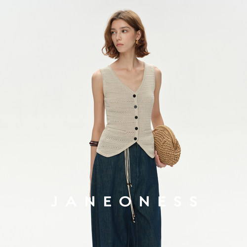 JANEONESS 法式松弛亚麻天丝醋酸镂空V领针织呼吸感无袖背心马甲