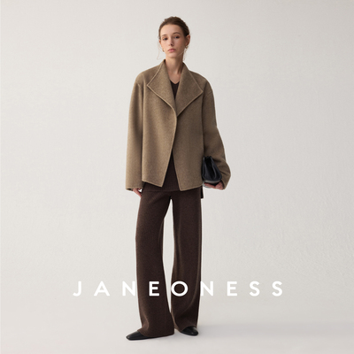 JANEONESS 牦牛绒羊毛蚕丝高支翻领系带短款双面呢大衣外套秋冬女