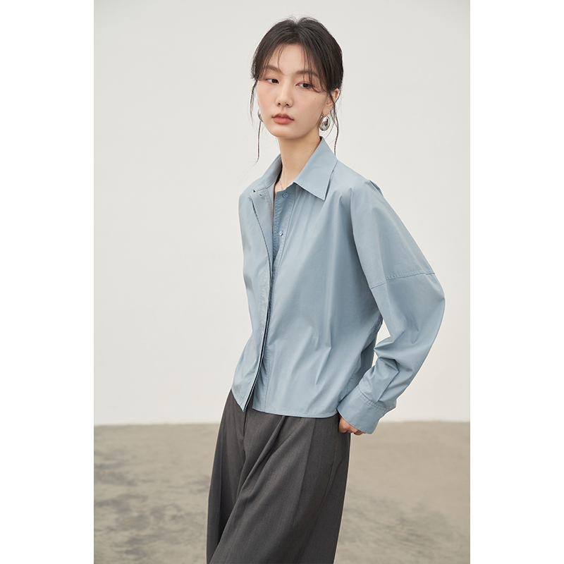JANEONESS 宽松收腰长袖短款休闲纯棉衬衫上衣女休闲通勤显瘦衬衣