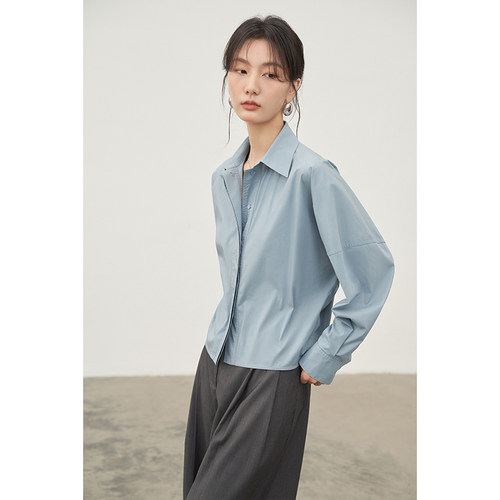 JANEONESS 宽松收腰长袖短款休闲纯棉衬衫上衣女休闲通勤显瘦衬衣