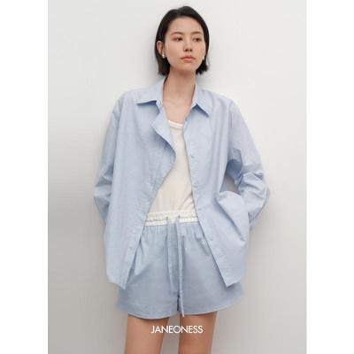 JANEONESS 不对称门襟衬衫短裤半裙套装通勤休闲百搭条纹三件套女