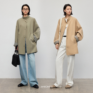 JANEONESS 简约质感风衣外套女 慵懒双面穿格纹立领宽松休闲中长款