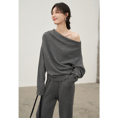 JANEONESS 一字领露肩慵懒羊毛针织上衣两件套百搭阔腿裤气质套装