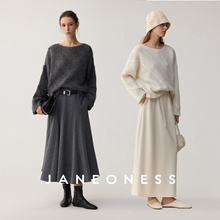 JANEONESS 羊毛苏力羊驼毛混纺斜纹毛巾圈提花一字领针织套头毛衣