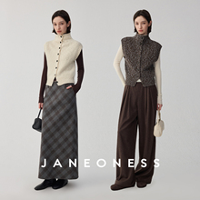 JANEONESS 100羊毛多色高领粗纺单排扣翻领坎肩针织无袖开衫背心