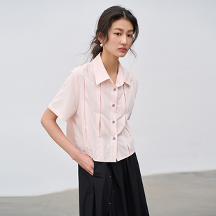 黑色百搭上衣白线拼接手工缝线衬衫 衬衫 外套 女士短袖 JANEONESS