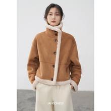 【明星同款】JANEONESS 双面穿立领羊羔毛皮毛一体短款麂皮绒外套