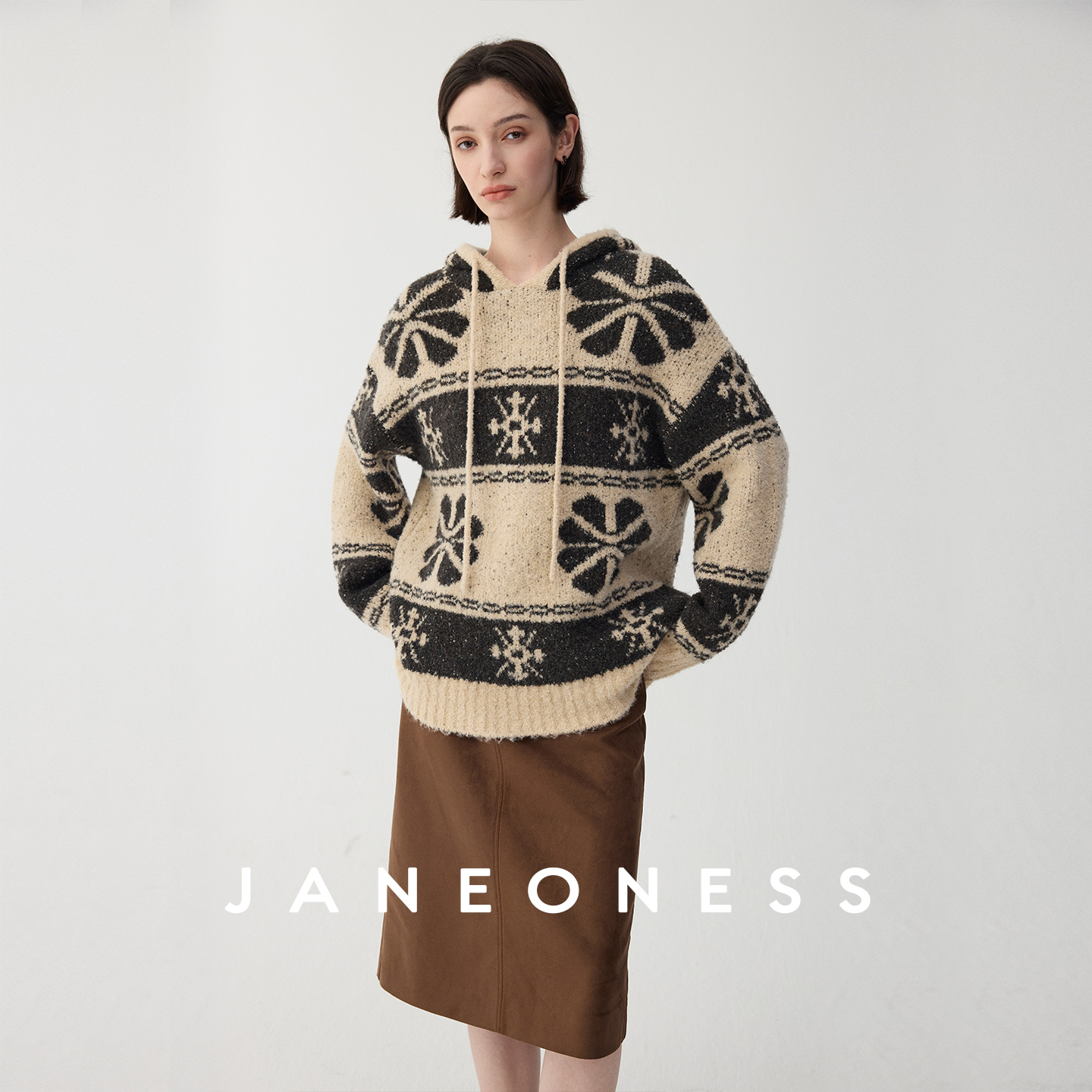 JANEONESS 复古提花针织连帽毛衣