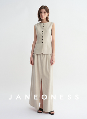 JANEONESS 进口砂洗雨露麻松弛老钱风显瘦马甲背心开衩半裙套装夏