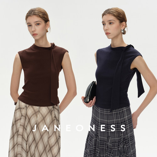 JANEONESS 天丝羊毛亲肤设计感小立领飘带针织修身无袖背心上衣女