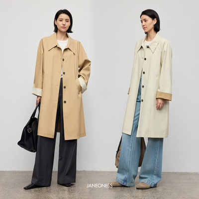 JANEONESS 简约休闲翻领拼接撞色100精梳棉中长款宽松风衣外套秋