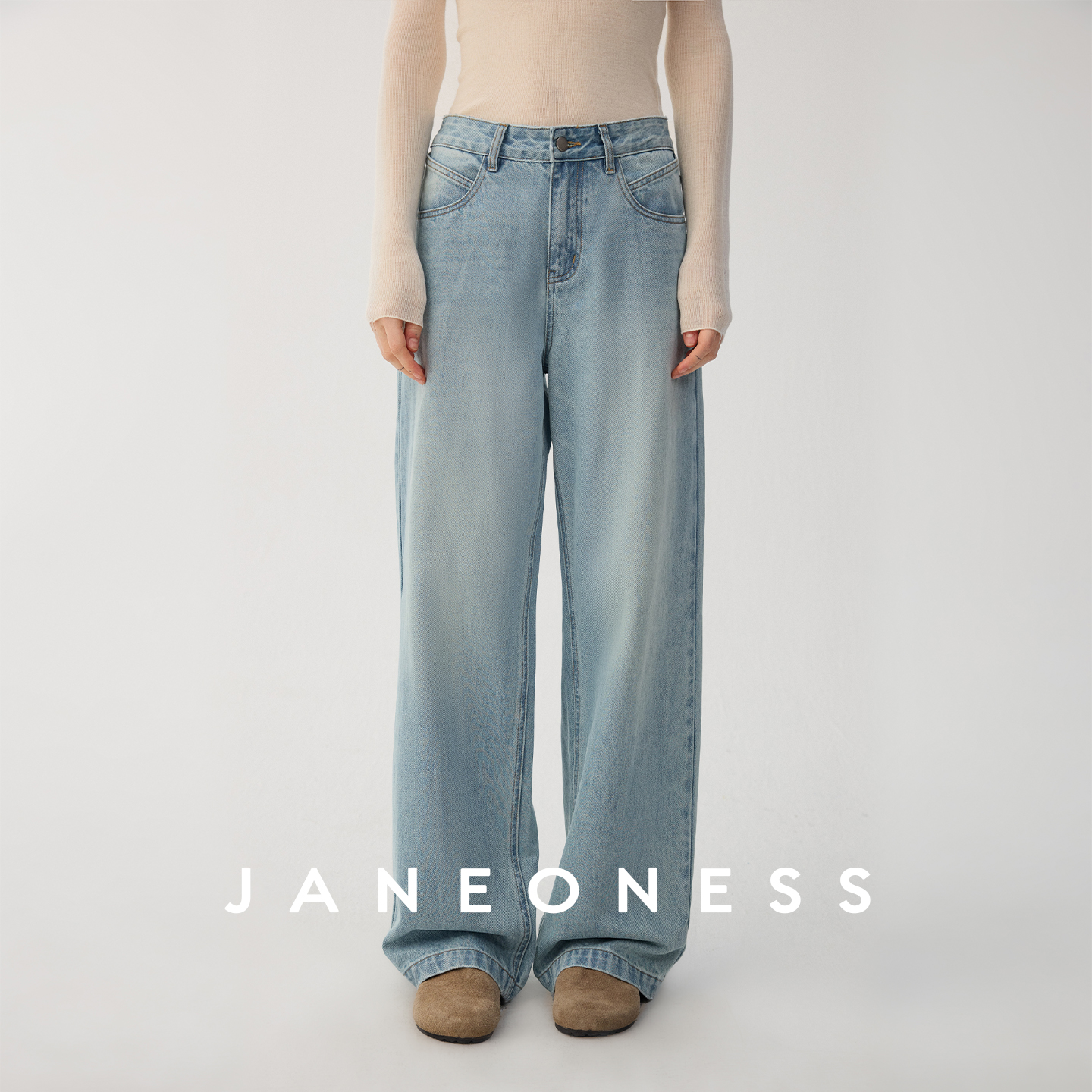 JANEONESS 浅蓝色水洗基础款高腰显瘦松弛慵懒直筒牛仔裤拖地裤女