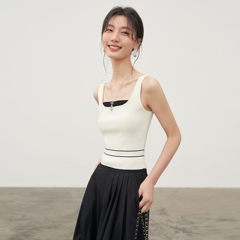 JANEONESS 秋装新款黑白撞色针织背心女修身显瘦内搭吊带上衣