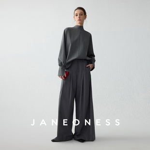 衬衫 长袖 宽松上衣 高智感时髦飘带设计感正反两穿灯笼袖 JANEONESS