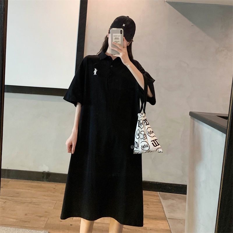 新款夏装洋气POLO裙长款气质短袖胖mm大码韩版森系连衣裙t裙