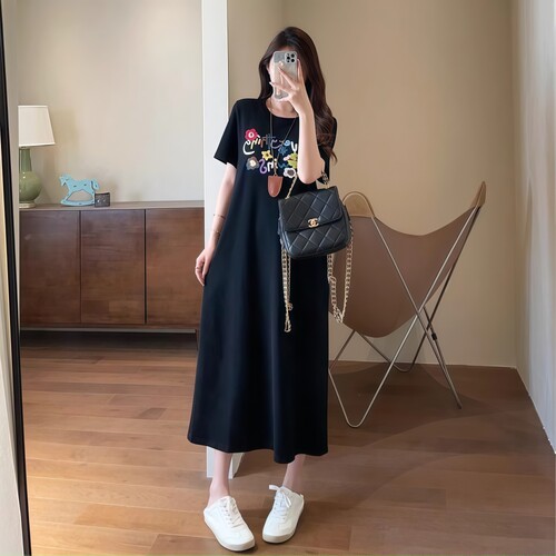夏季韩系森系长款印花T恤连衣裙