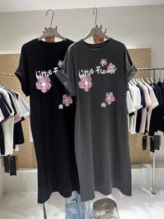 慵懒时髦飞飞袖 居家睡裙长裙过膝字母印花显瘦宽松有口袋连衣裙女