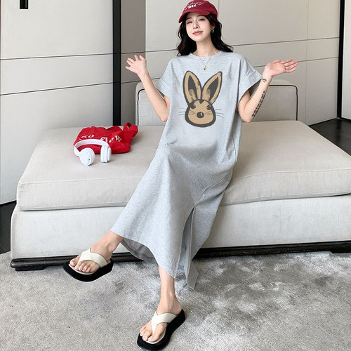 大码短袖睡裙遮肚洋气减龄连衣裙女韩版显瘦百搭双口袋通勤长裙