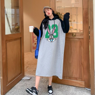 长款薄款撞色卫衣女2024春秋季新款卡通印花宽松连帽休闲卫衣裙