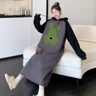 宽松显瘦孕妇连衣裙 韩版 2024时尚 撞色拼接卡通连帽卫衣裙早秋新款