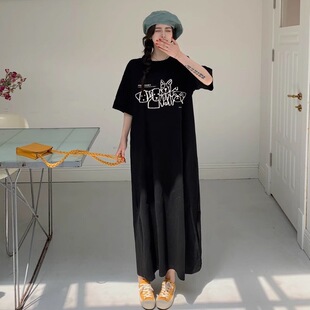 大码女装夏季新款百搭短袖宽松韩版韩式印花中长款连衣裙T恤女潮