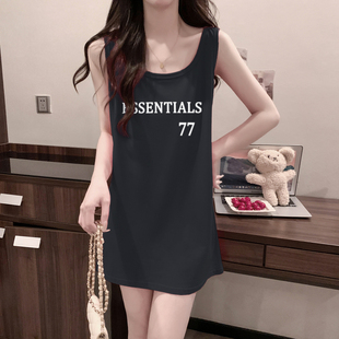 网红无袖T恤中长款吊带背心裙女夏韩版字母宽松休闲少女蓝球服ins