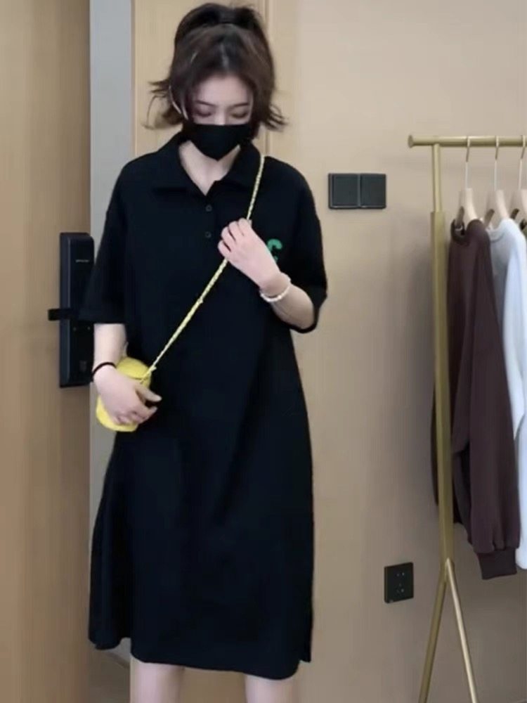 森系清新polo领连衣裙夏大码短袖2024休闲气质显瘦遮肚长款T恤裙