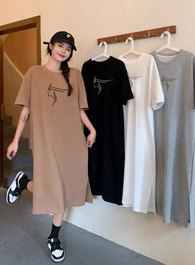 日系古着短袖套头懒人长裙2023夏季宽松大码胖妹妹潮流个性连衣裙