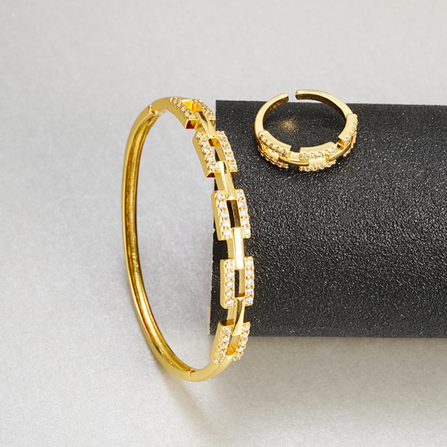 沙金镀18K轻奢镶锆手镯戒指