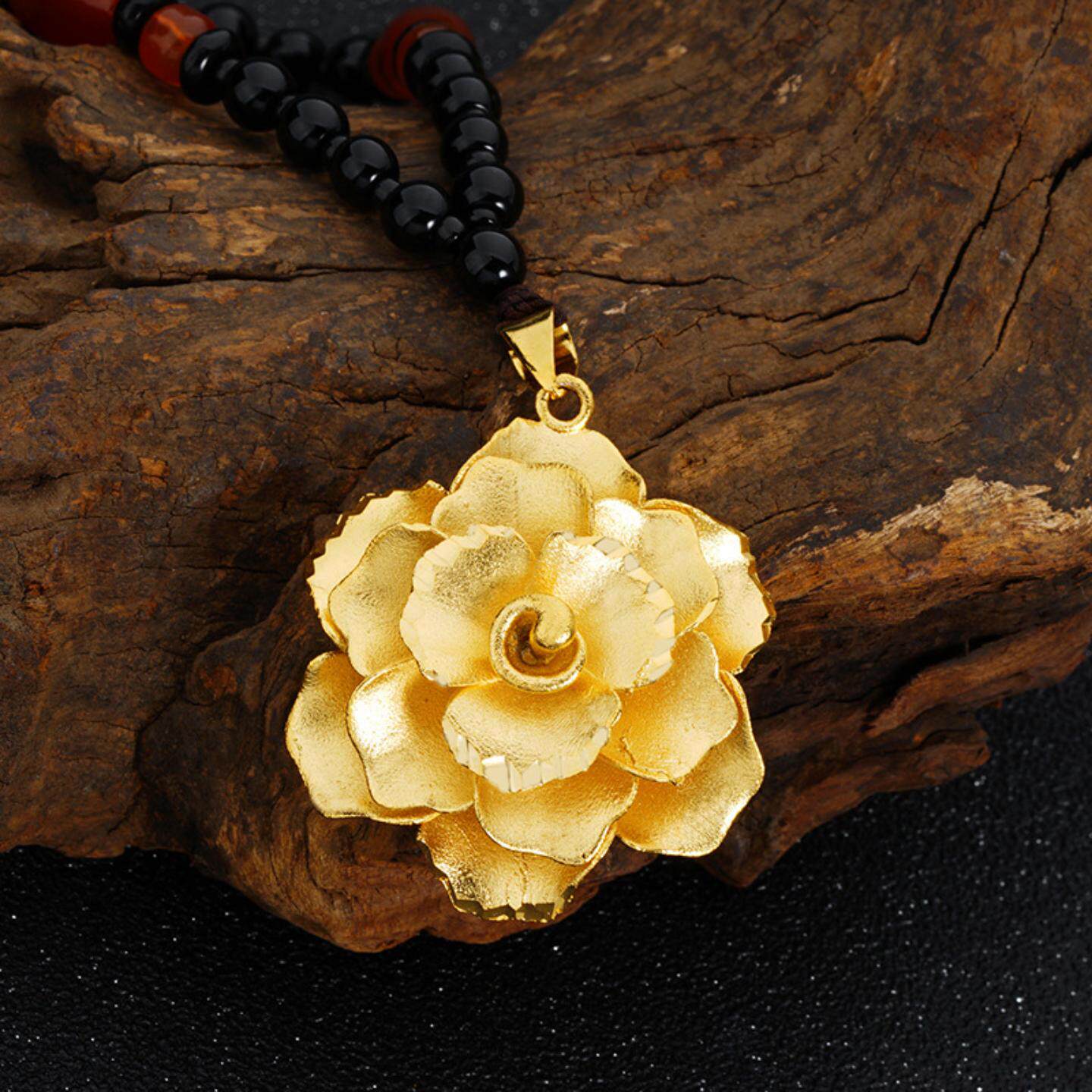 越南沙金女款民族风时尚铜镀24k真金玫瑰花吊坠 仿3D硬金花项链