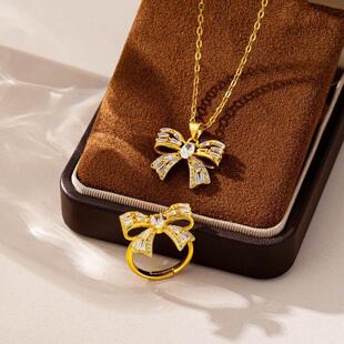 新款镶锆开口蝴蝶结戒指女越南沙金在逃公主项链套装饰品直销