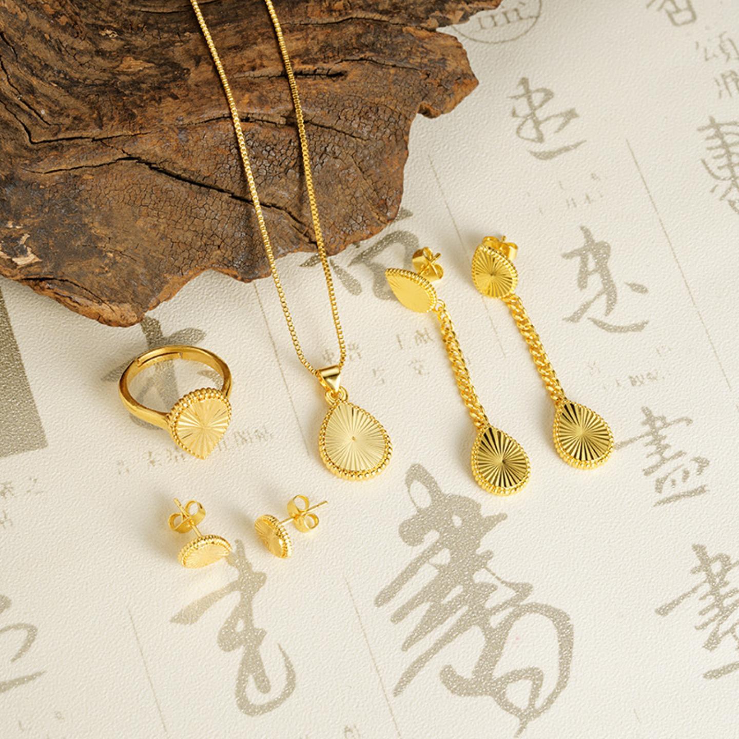 沙金镭射水滴项链戒指耳饰首饰套装简约时尚饰品货源