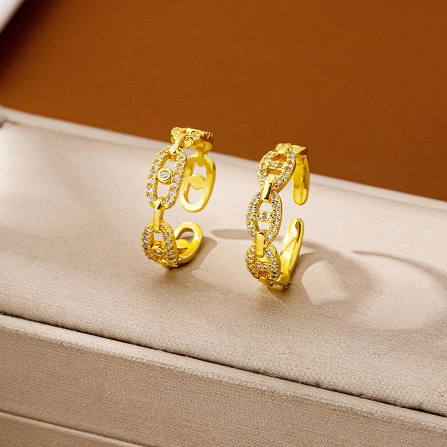 越南沙金戒指潮流镶钻环环相扣开口指环女简约久不掉色手饰品