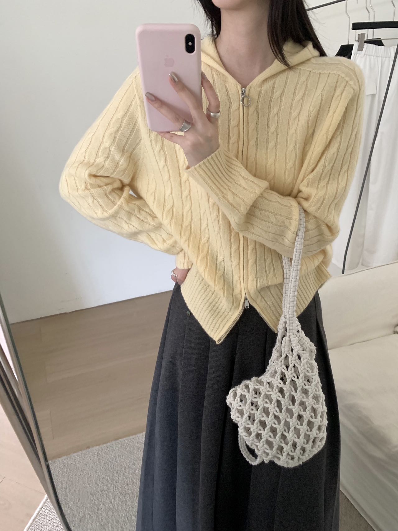 欧货设计感双拉链100全羊毛针织开衫秋冬复古气质麻花长袖毛衣女